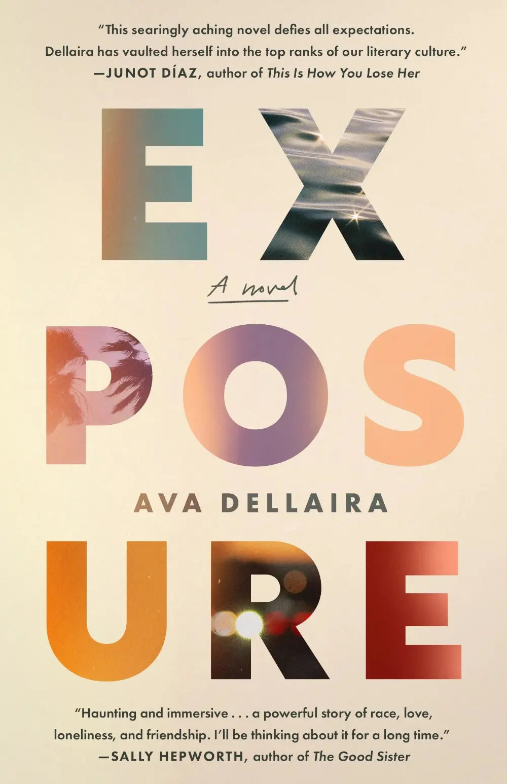 Book cover of 'Exposure' by Ava Dellaira with colorful text on a beige background.