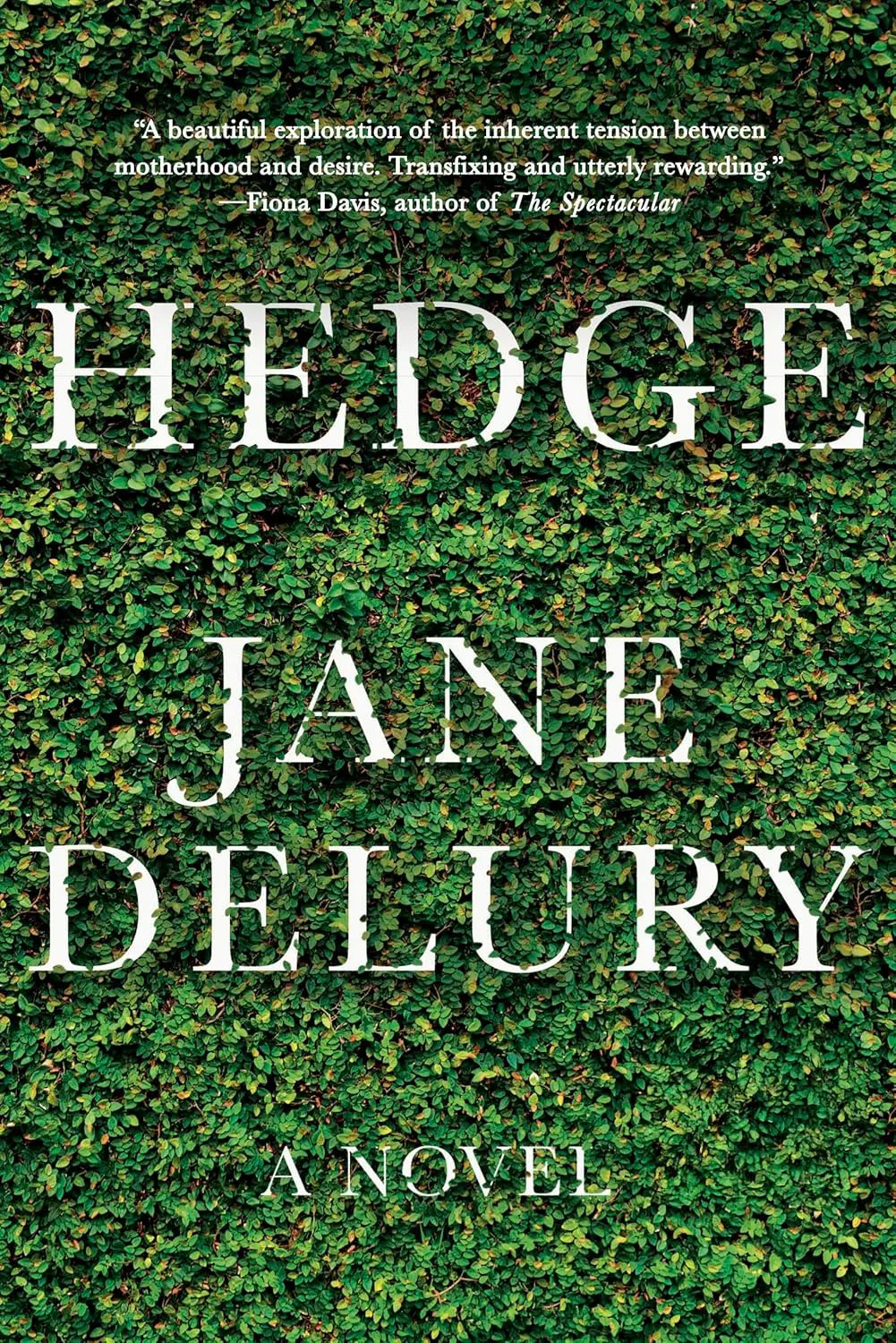 Book cover of 'Hedge' by Jane Delury with a green leafy background.