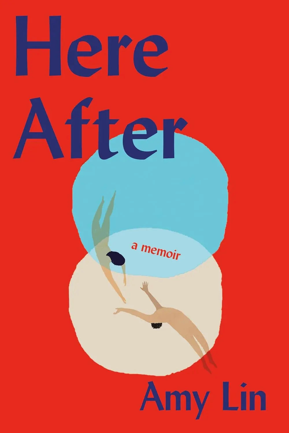 Book cover of 'Here After' by Amy Lin with a red background and abstract illustrations.