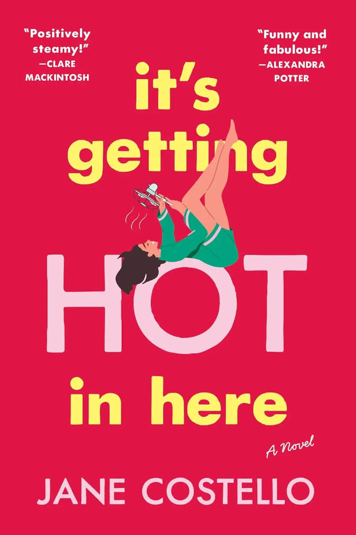Book cover of 'it's getting HOT in here' by Jane Costello with a woman lying on her back and a guitar, on a red background.