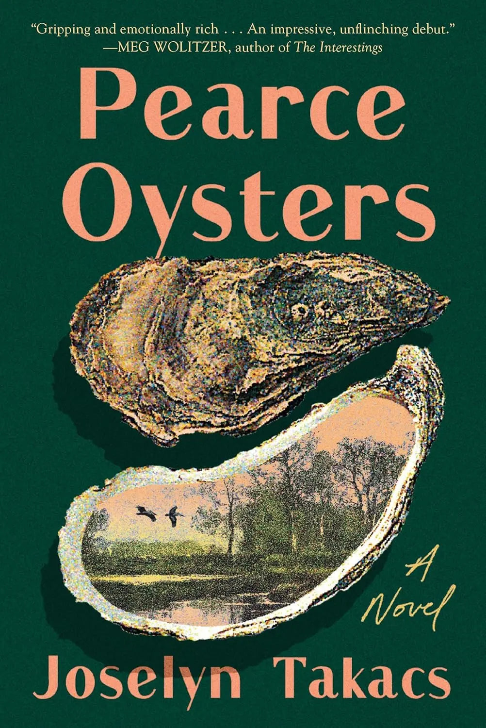 Book cover of 'Pearce Oysters' by Joselyn Takacs with oyster illustration on green background