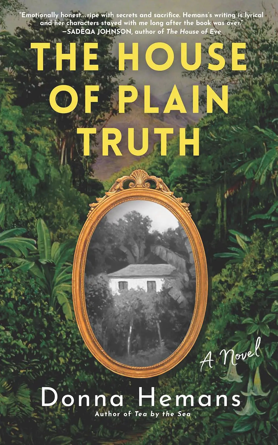 Book cover of 'The House of Plain Truth' by Donna Hemans with a mirror and house reflection against a jungle background.