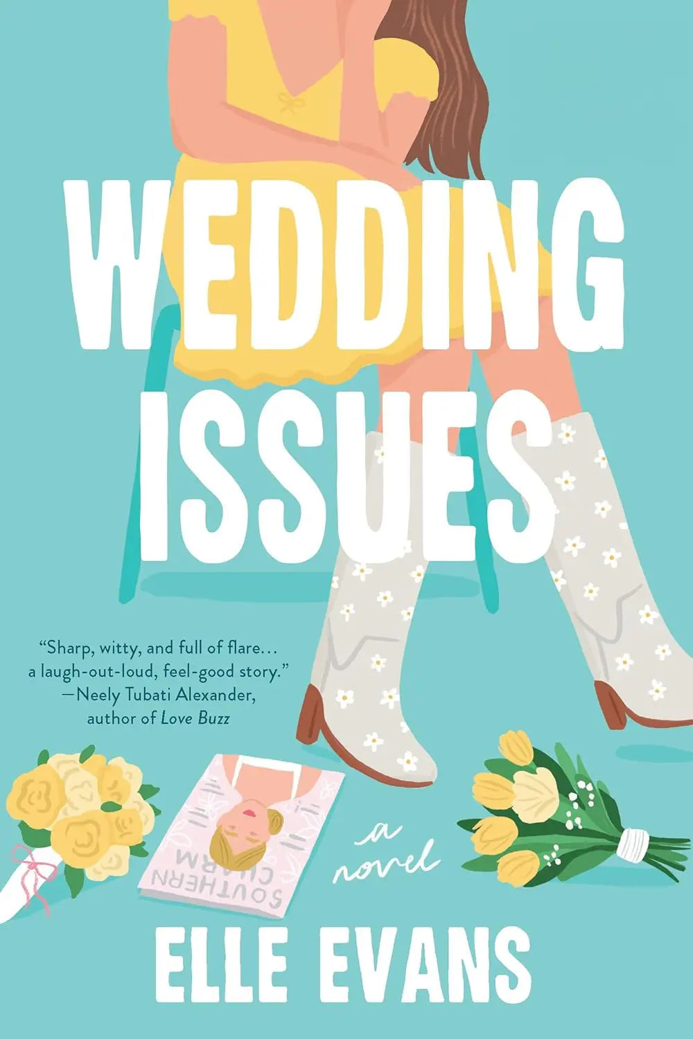 Book cover of 'Wedding Issues' by Elle Evans with a woman in a yellow dress and white boots on a blue background.