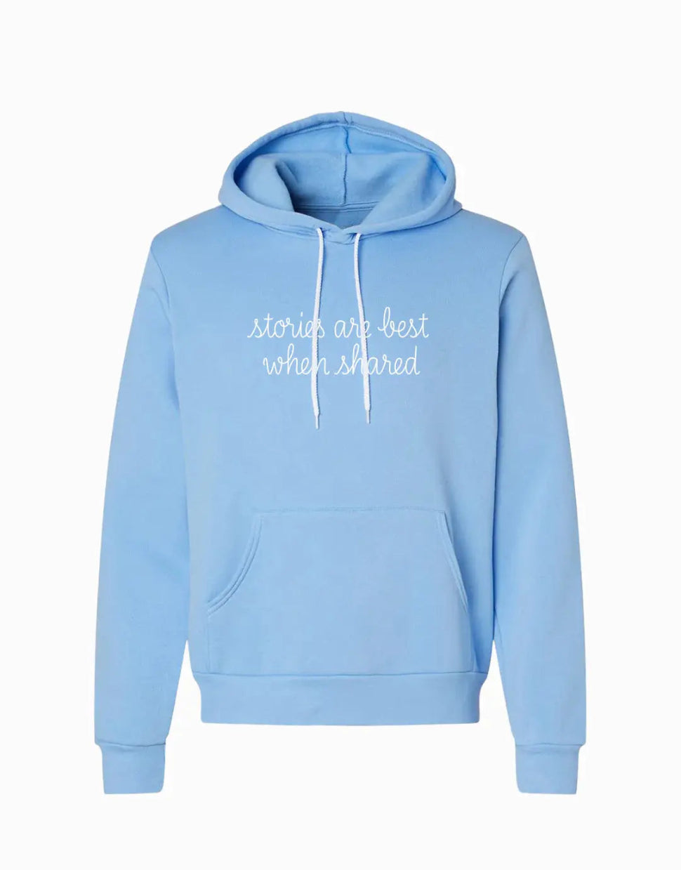 Light blue hoodie with text on a white background