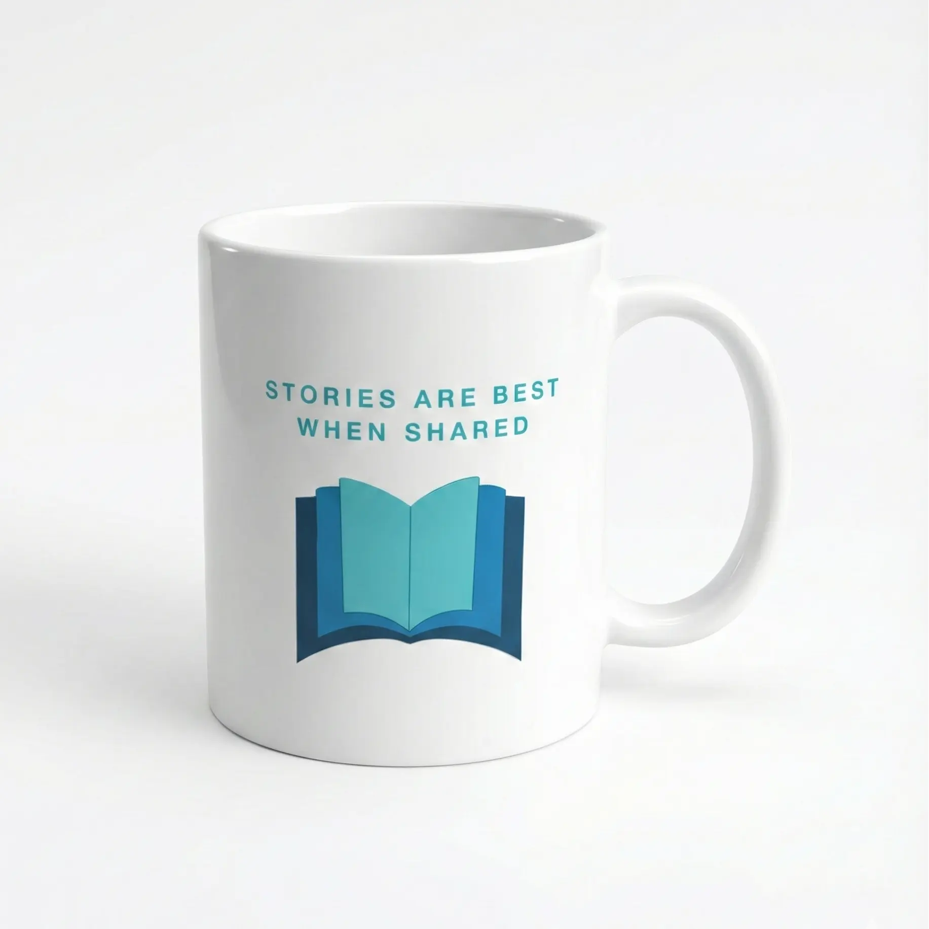 White mug with blue text and book icon on a white background